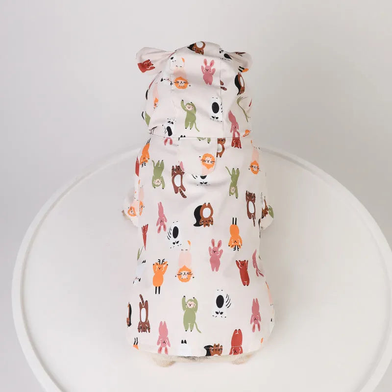 Beige cartoon dog raincoat with waterproof PU coating, shown in small animal design
