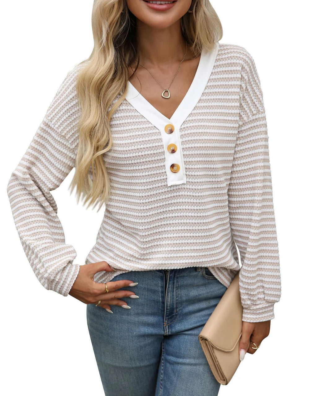Women's V-neck patchwork pullover top with button detailing in loose casual fit