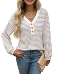 Women's V-neck patchwork pullover top with button detailing in loose casual fit