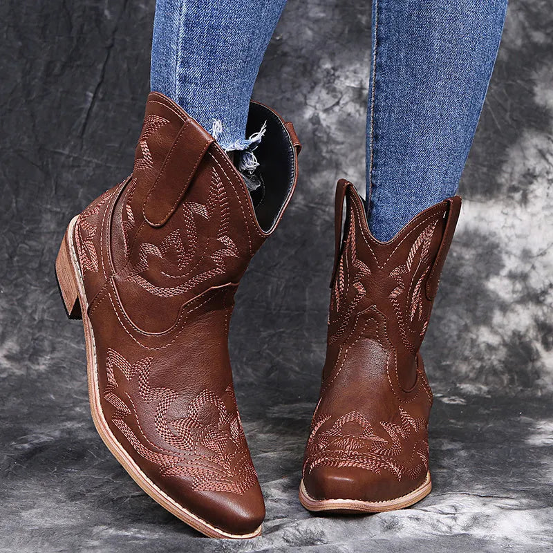 Women's cowboy boots with embroidery decoration and low wedge heel in blue colour