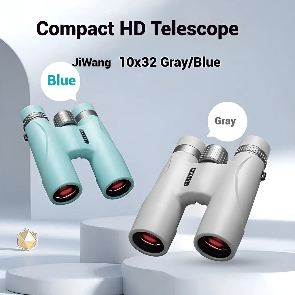 Blue and grey 10x32 binoculars with wine red film lenses, shown with dimensions.