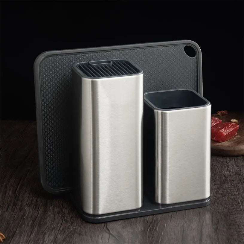 Black and white PP plastic kitchen knife holder with storage bucket, detachable bottom for cleaning