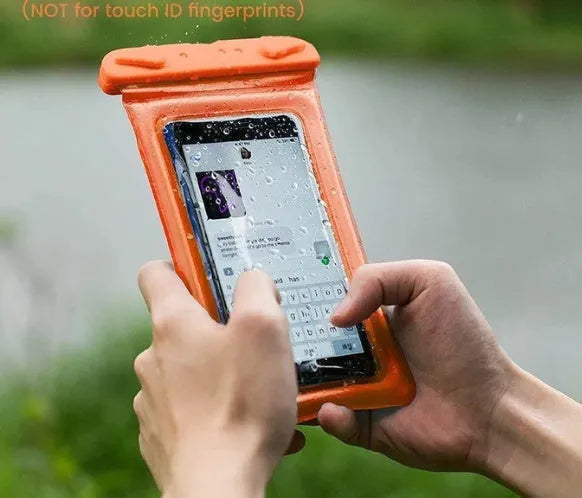 Orange waterproof phone pouch with double airbag seal and 45cm carrying rope