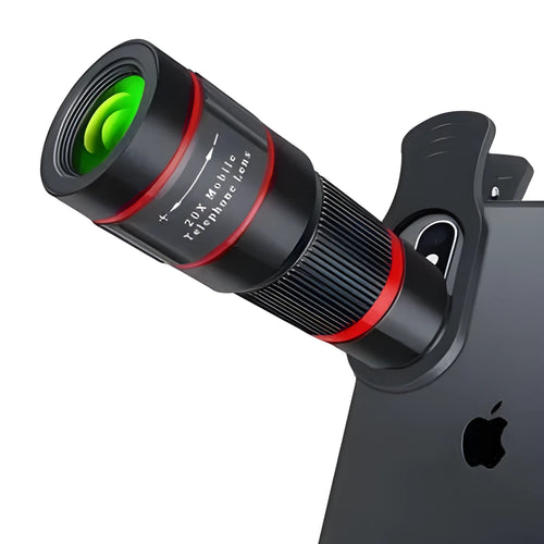 20x magnification smartphone telescope attachment with universal clip and lens case on a mobile phone.