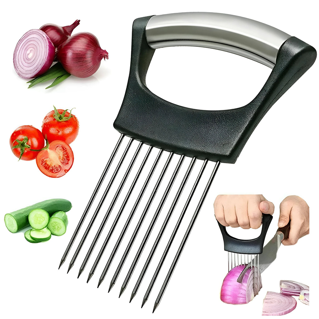 Stainless steel onion slicer tool with needles on a white ABS base.