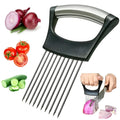 Stainless steel onion slicer tool with needles on a white ABS base.