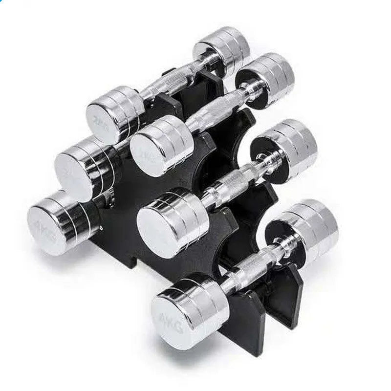 Silver pure steel electroplated dumbbell with ergonomic handle on a neutral background.