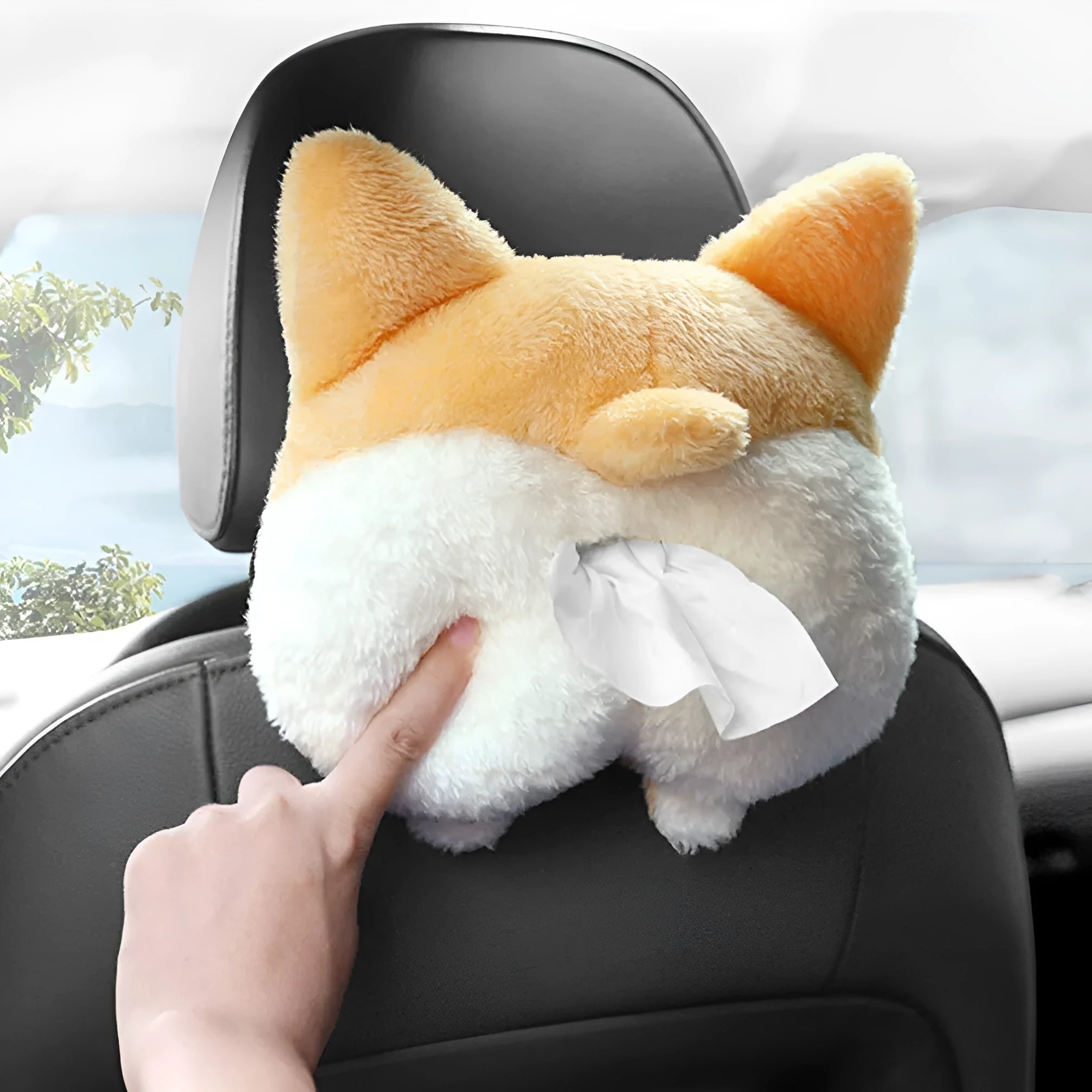 Yellow corgi butt shaped soft tissue box cover with elastic hanging loop.