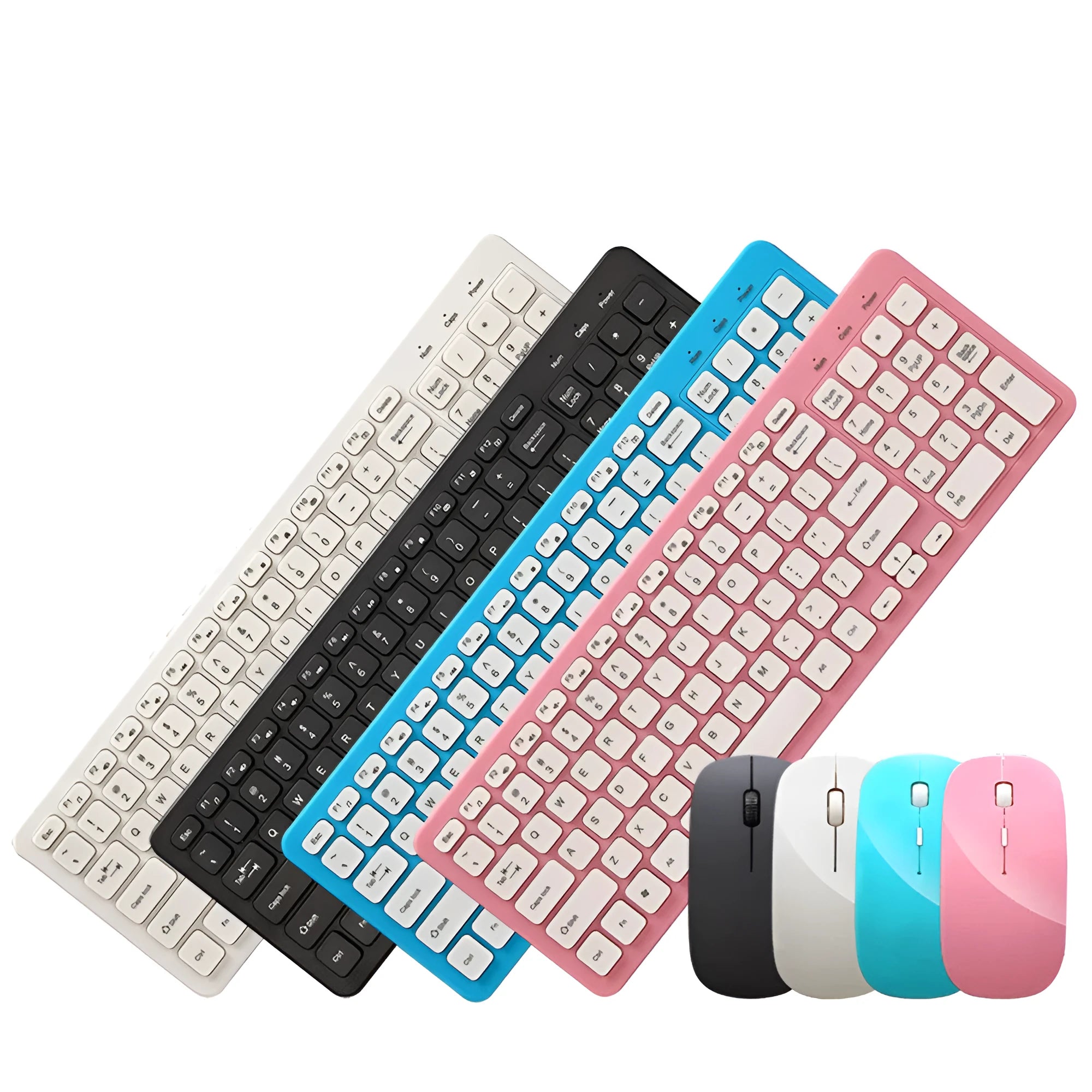 Black wireless keyboard and mouse set with USB receiver on wooden desk
