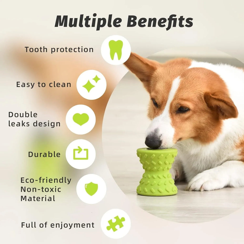 Blue durable rubber dog chew bone toy with hollow treat-dispensing centre and leakage holes.