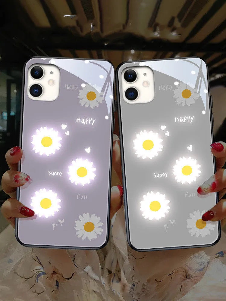 Luminous voice-activated iPhone case with painted daisy design in purple colour for Apple iPhone models.