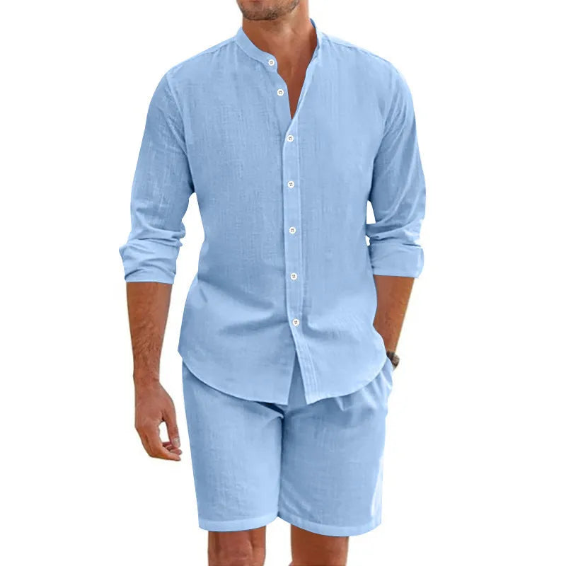 Men's dark grey short sleeve button-down shirt and matching drawstring shorts linen suit set laid flat.