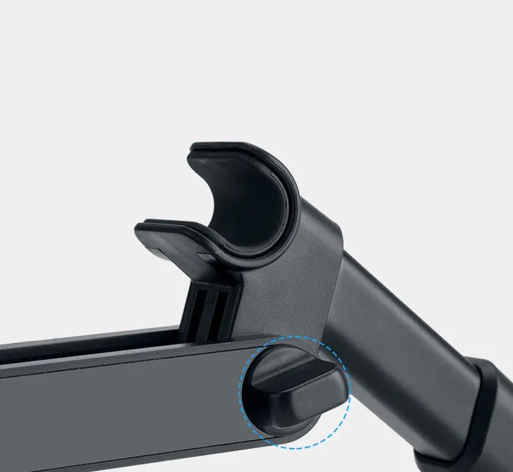 Black plastic universal car phone holder mounted on a car rear seat base.