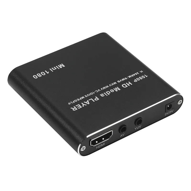 Compact black 1080P media player with HDMI USB SD ports and metal casing