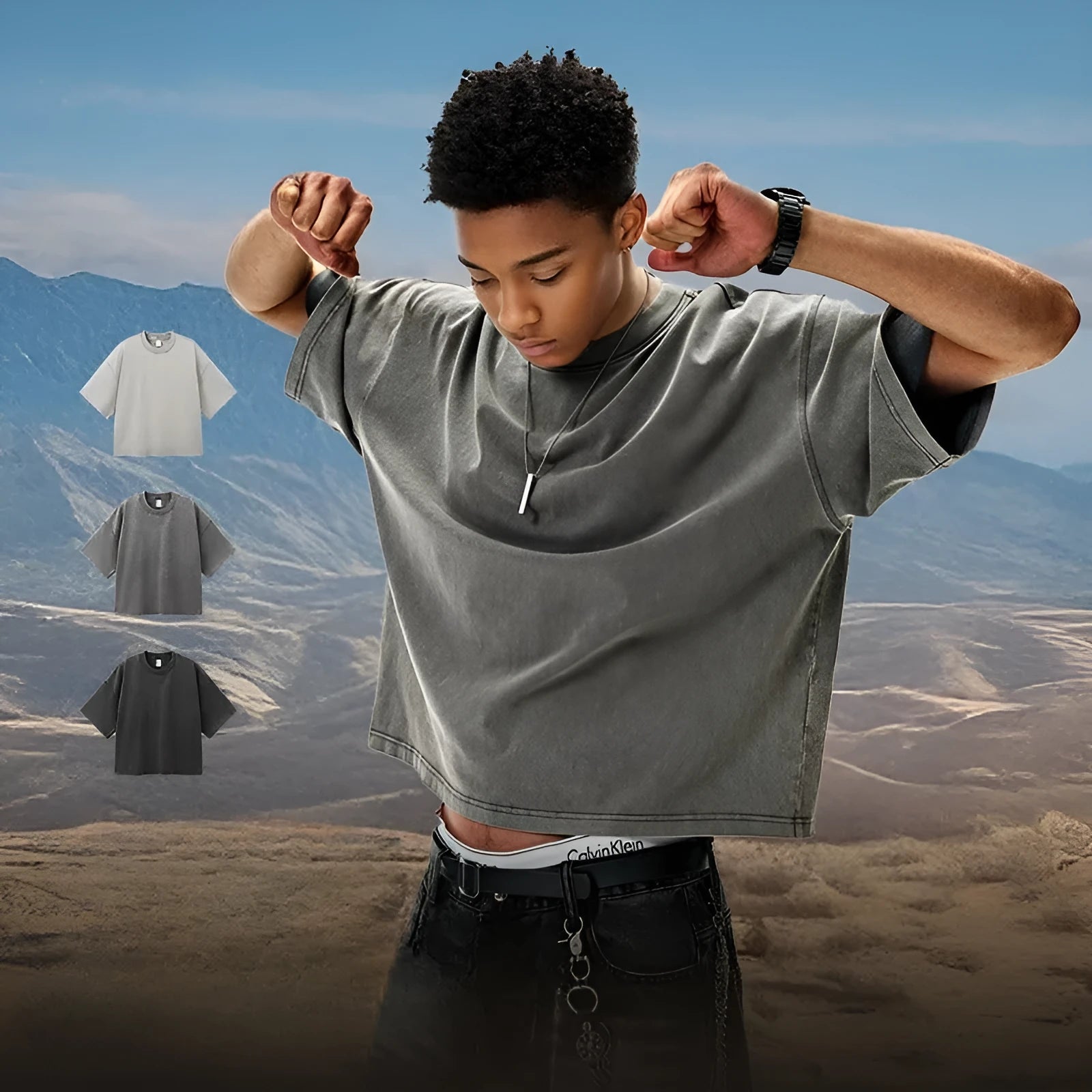 Men's vintage washed-out cotton T-shirt in khaki light colour with loose fit and drop-shoulder sleeves