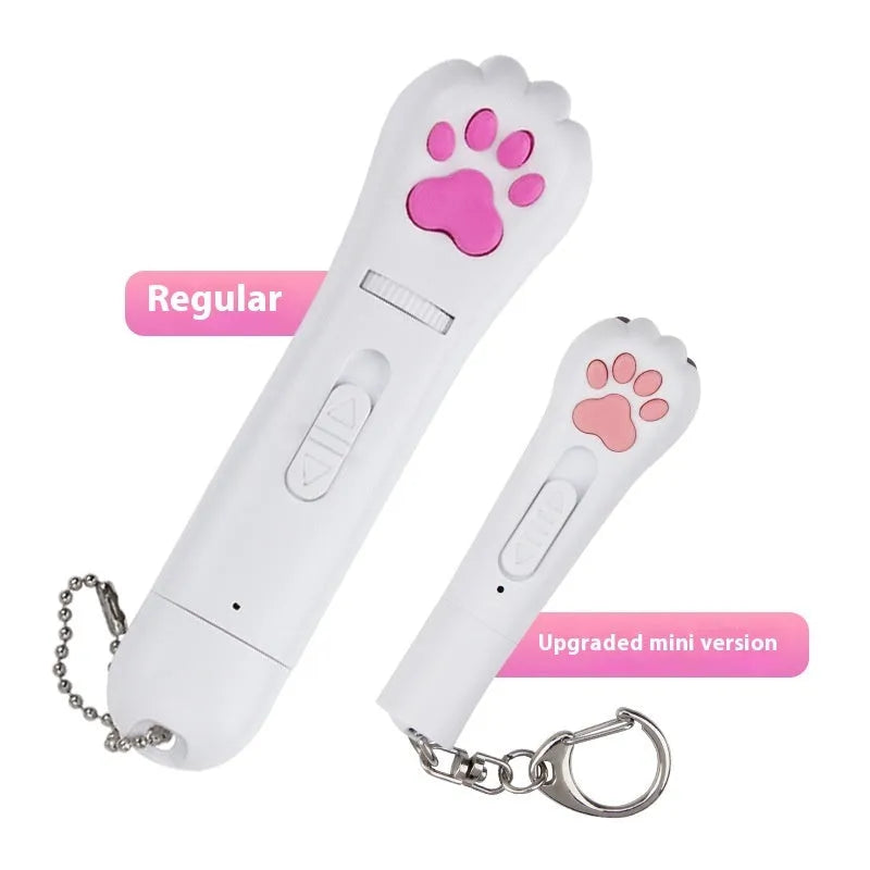 Mini cat laser toy with footprints design showing infrared charging port and teasing stick attachment