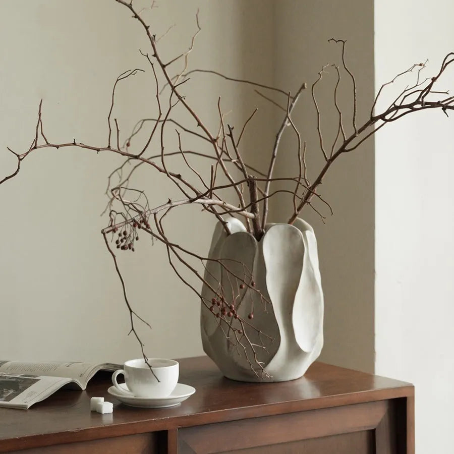 Irregular art-style ceramic vase in magnesium clay for floral arrangements