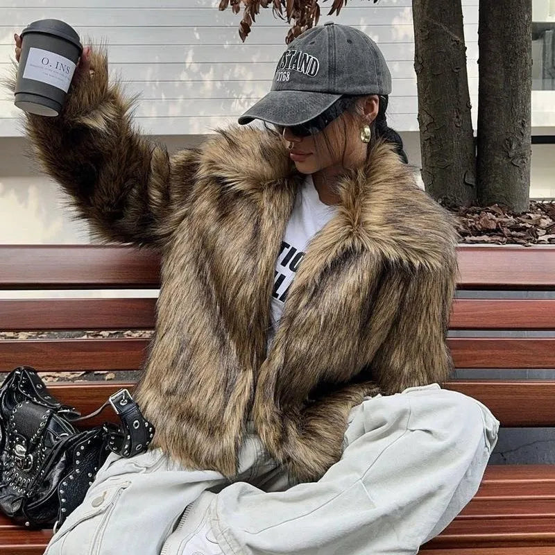 Artificial fox fur coat with fur collar in multiple colour options showing plush texture and winter styling
