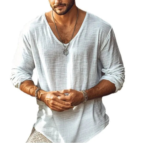 Men's slim fit beige V-neck long sleeve t-shirt in hemp blend polyester fabric