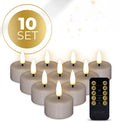 Four taupe S10 3D flame LED tealight candles showing realistic flickering effect