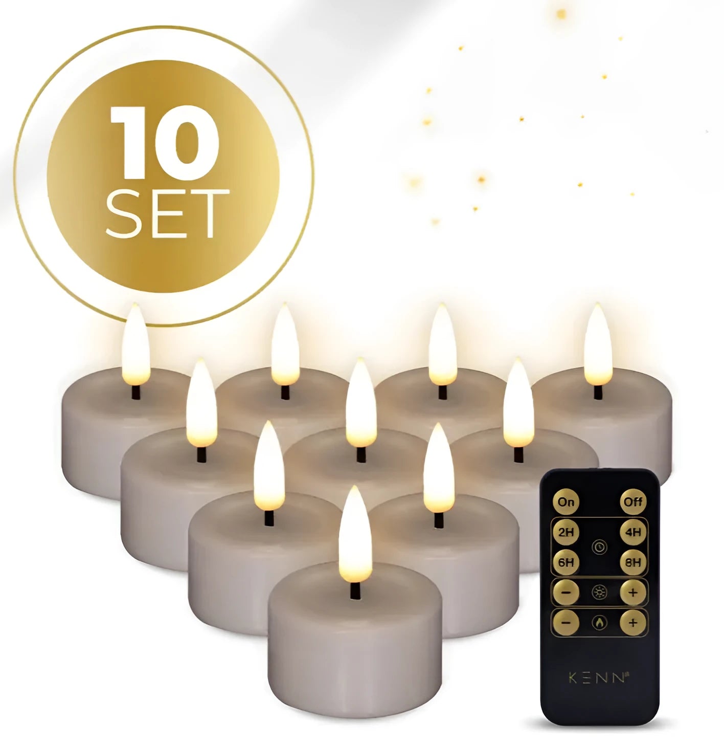 Four taupe S10 3D flame LED tealight candles showing realistic flickering effect