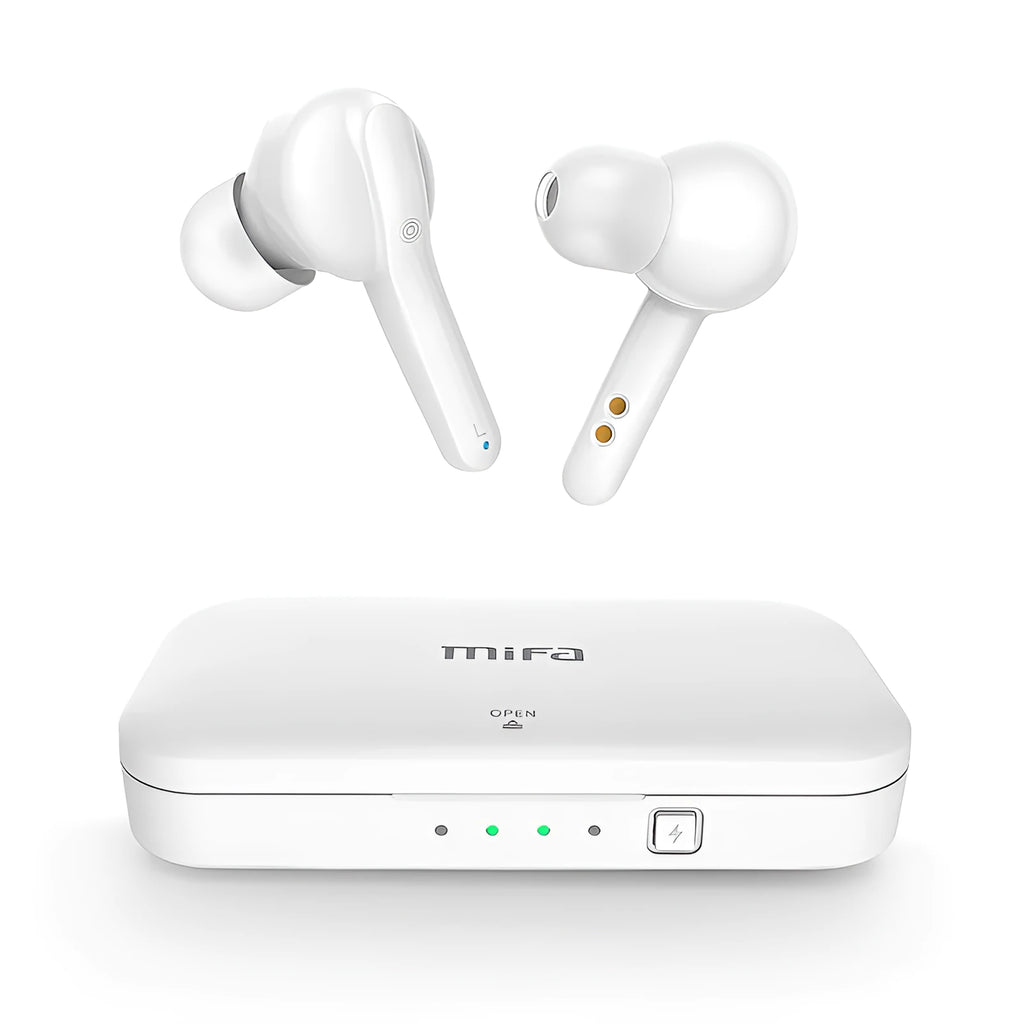 Black and white true wireless stereo earbuds with Bluetooth 5.0 and IPX5 waterproof rating.