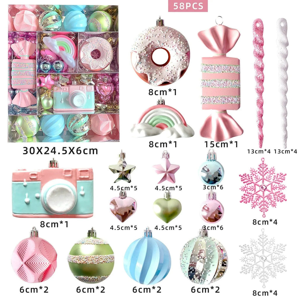 Macaron candy Christmas tree pendant set, plastic painted decoration in 34, 58 or 80 candy packs