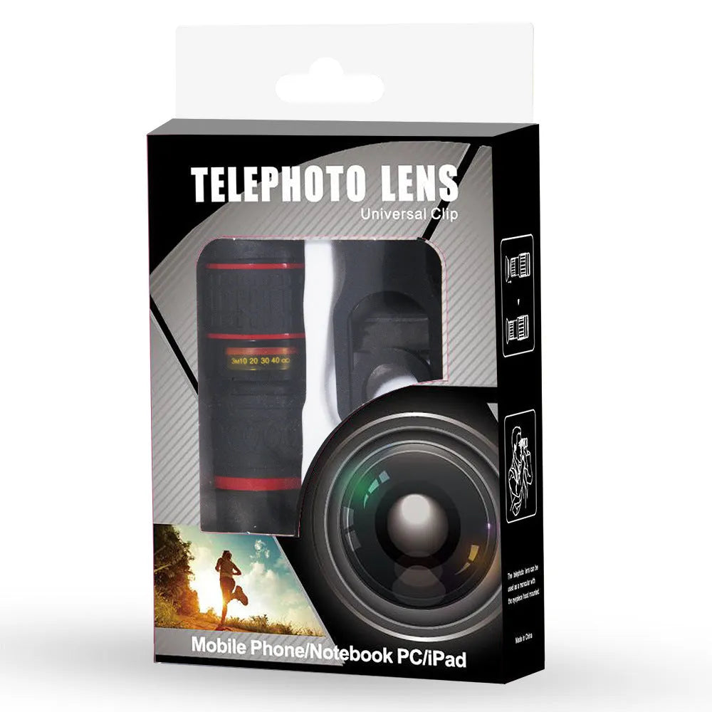 20x magnification smartphone telescope attachment with universal clip and lens case on a mobile phone.
