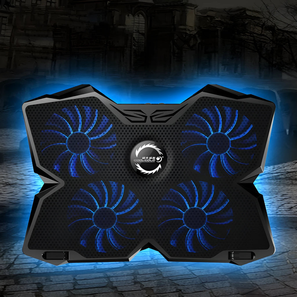 Blue computer cooling base with four LED fans and USB ports on desktop