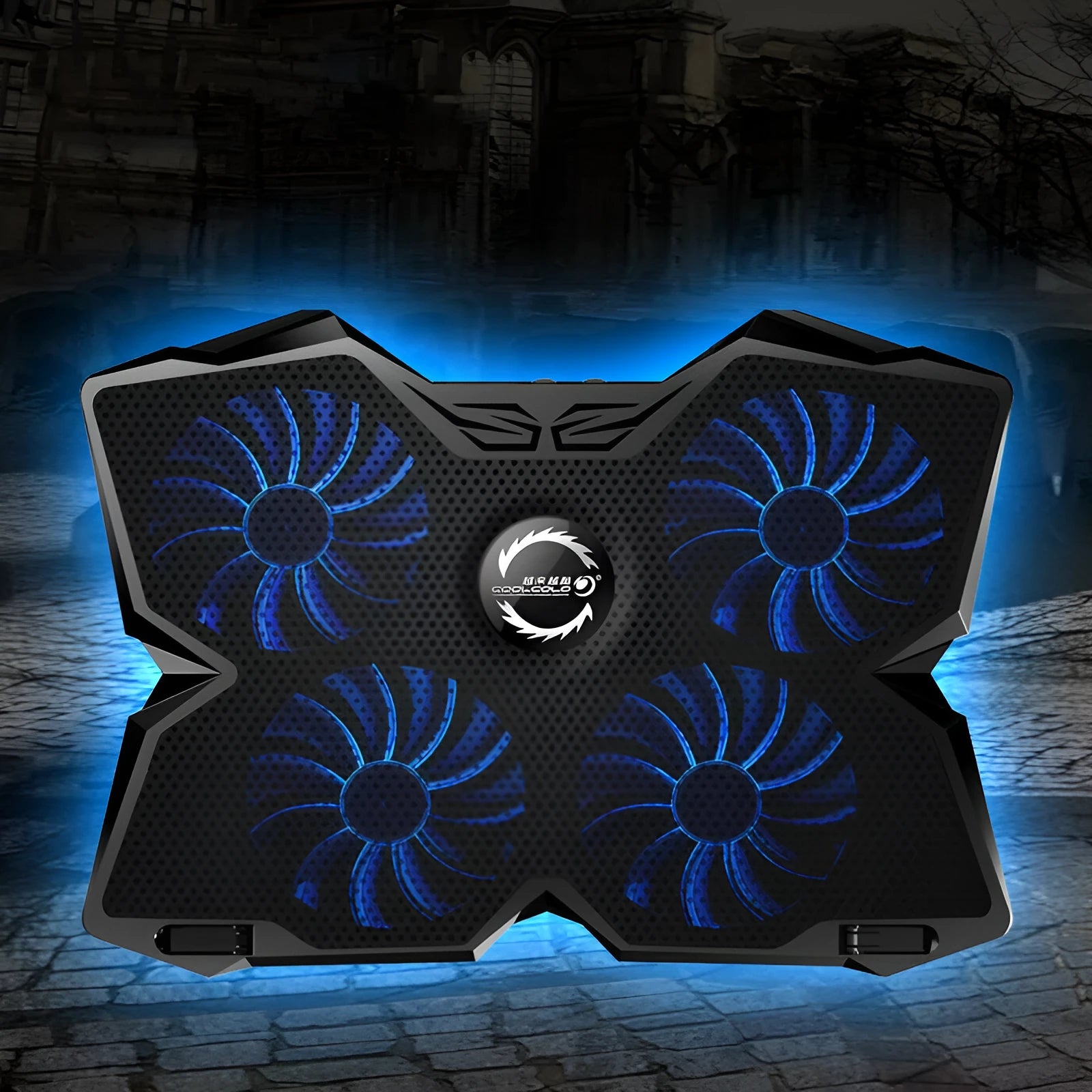 Blue computer cooling base with four LED fans and USB ports on desktop