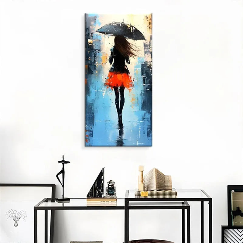 Hand-painted modern abstract people oil painting on canvas showing a walk in the rain, vertical single panel without frame