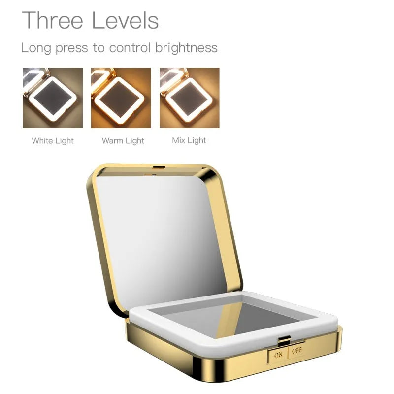 Black and white LED makeup mirror with dual surfaces including 4x magnification and adjustable lighting