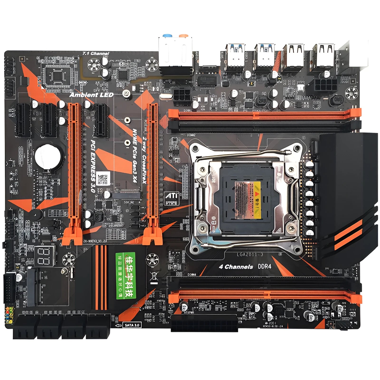 Black X99 ATX motherboard with LGA2011-3 socket, four DDR4 slots, and M.2 NVMe interface