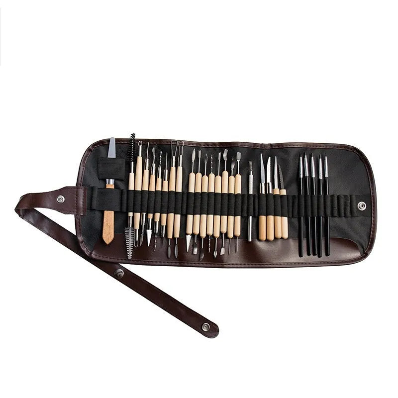 A 27-piece pottery clay tools set with wood, stainless steel, and plastic tools rolled up in packaging.