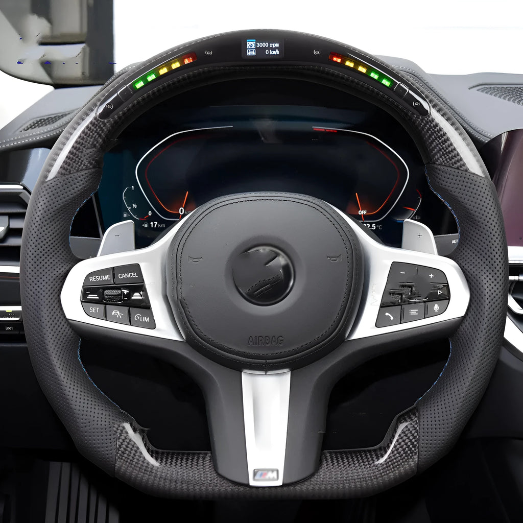 Black carbon fibre BMW steering wheel with integrated LED controls for X3 X5 models