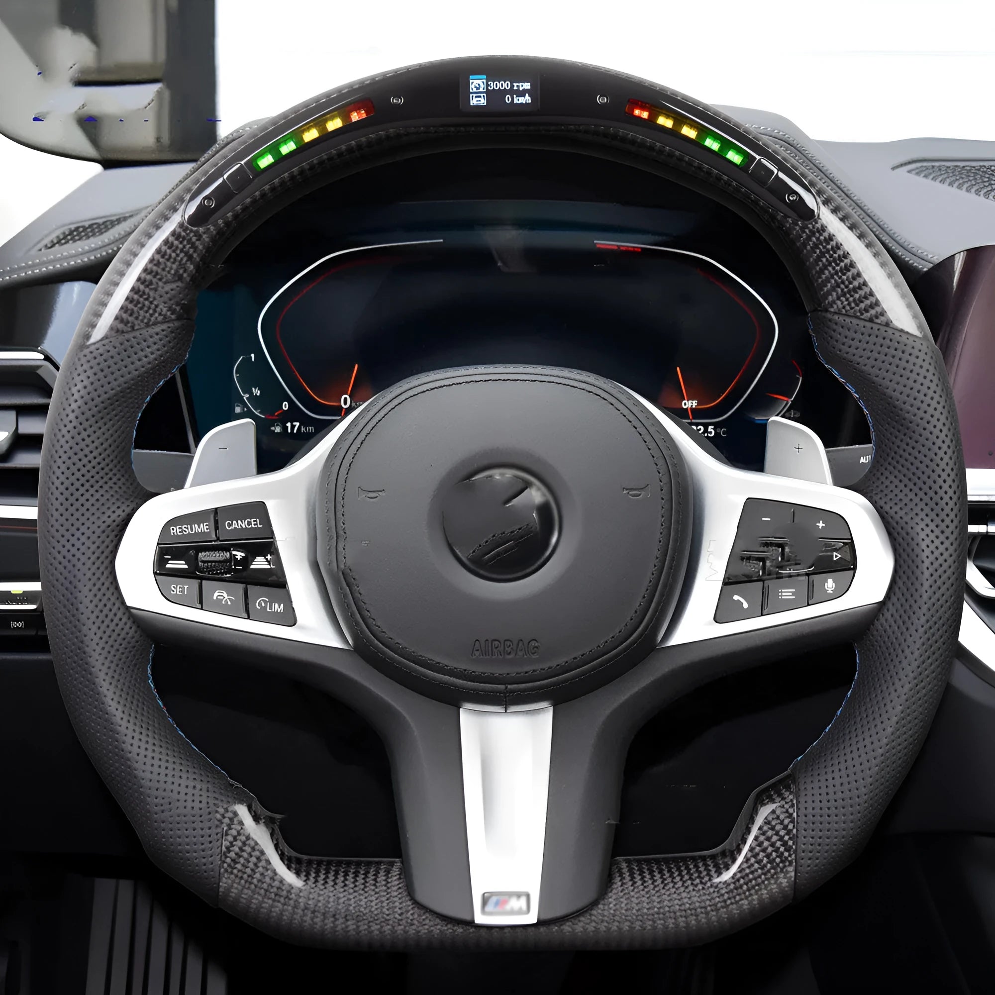 Black carbon fibre BMW steering wheel with integrated LED controls for X3 X5 models