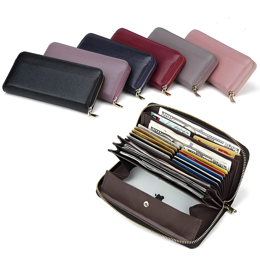 Long genuine leather women's wallet in six colours with large capacity and anti-theft card slot