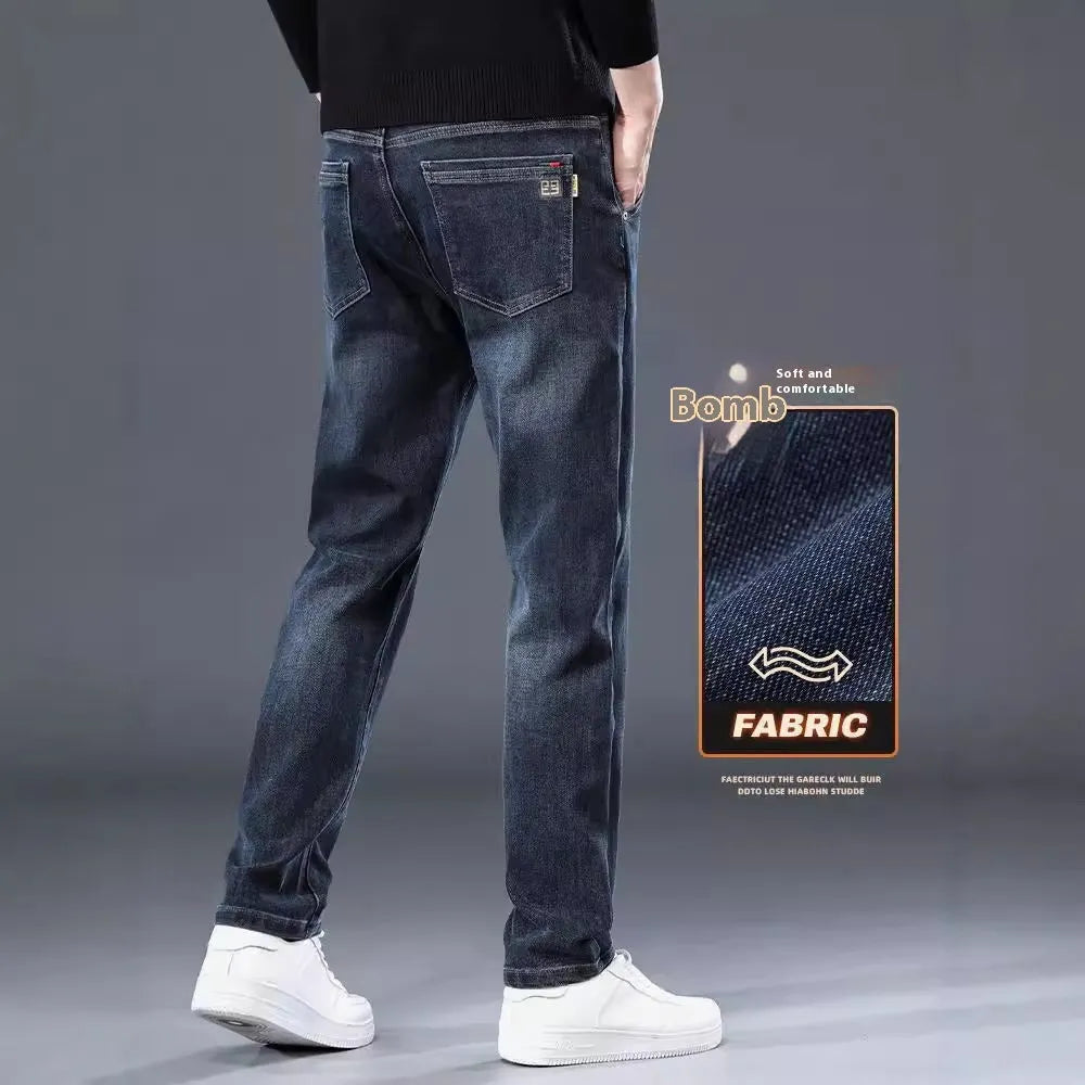 Men's slim straight loose casual trousers in blue grey or black, made from thin polyester fabric with micro elasticity.