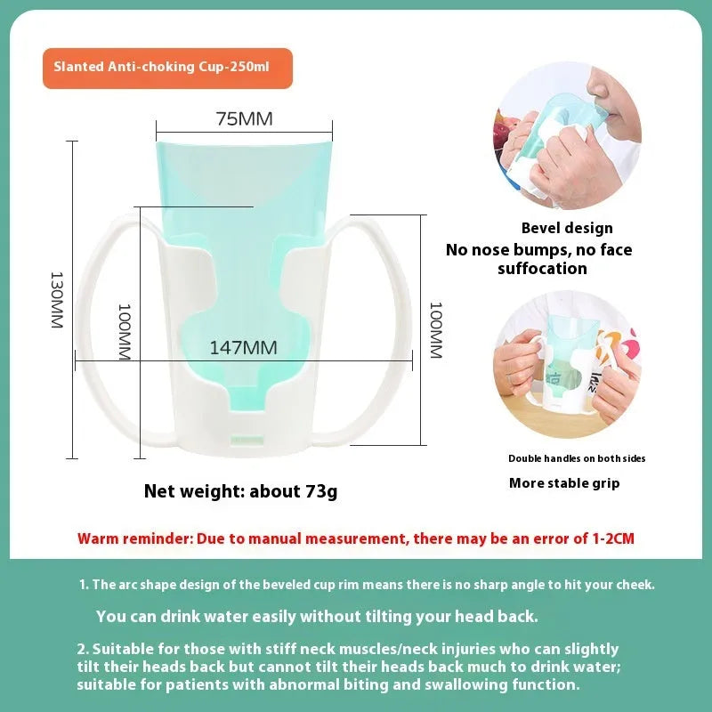 White PP plastic bedside drinking cup with slanted choke-proof spout, handle, and a blue lid