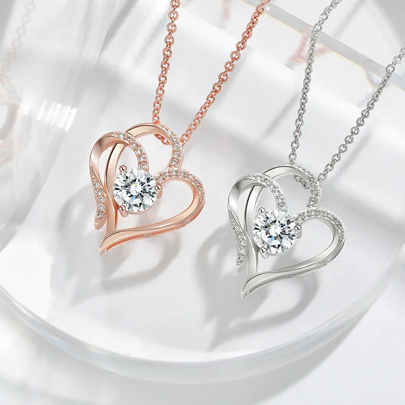 Women's 925 silver heart pendant necklace with diamond treatment in gold plating options