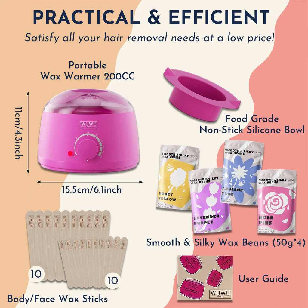 27 piece waxing kit with a wax machine, four coloured wax bead jars, and packs of wax sticks.