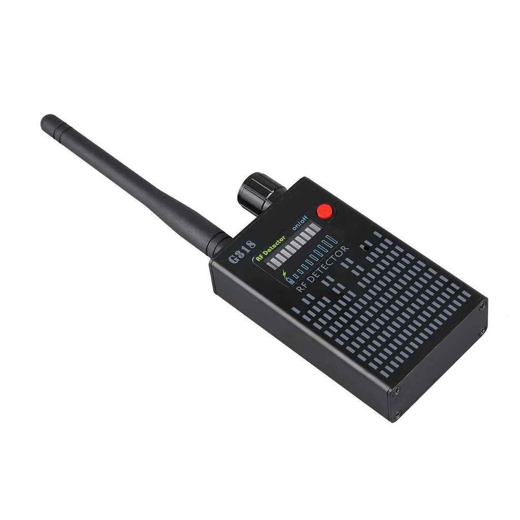 Black G318 aluminium alloy anti-theft hole camera detector on a table with data cable.