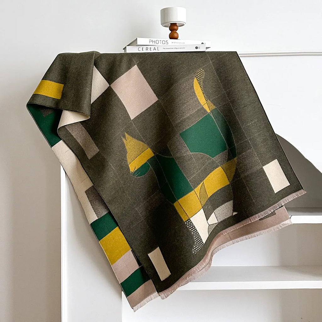 Imitation cashmere polyester scarf in beige colour, showing its 185x65cm size and texture.