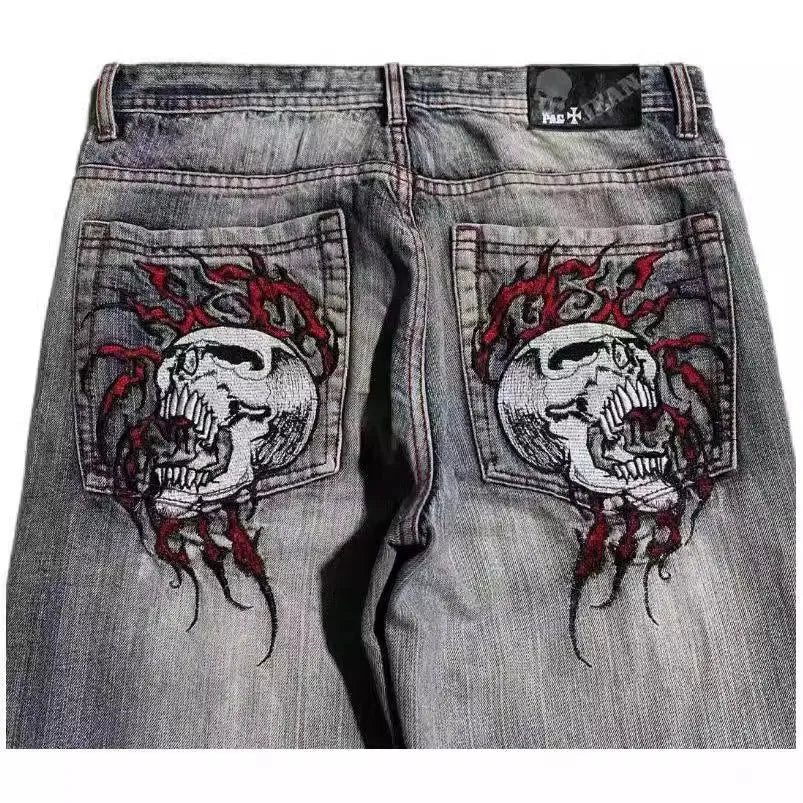 Men's grey wide-leg jeans with straight cut and retro washed-out denim finish