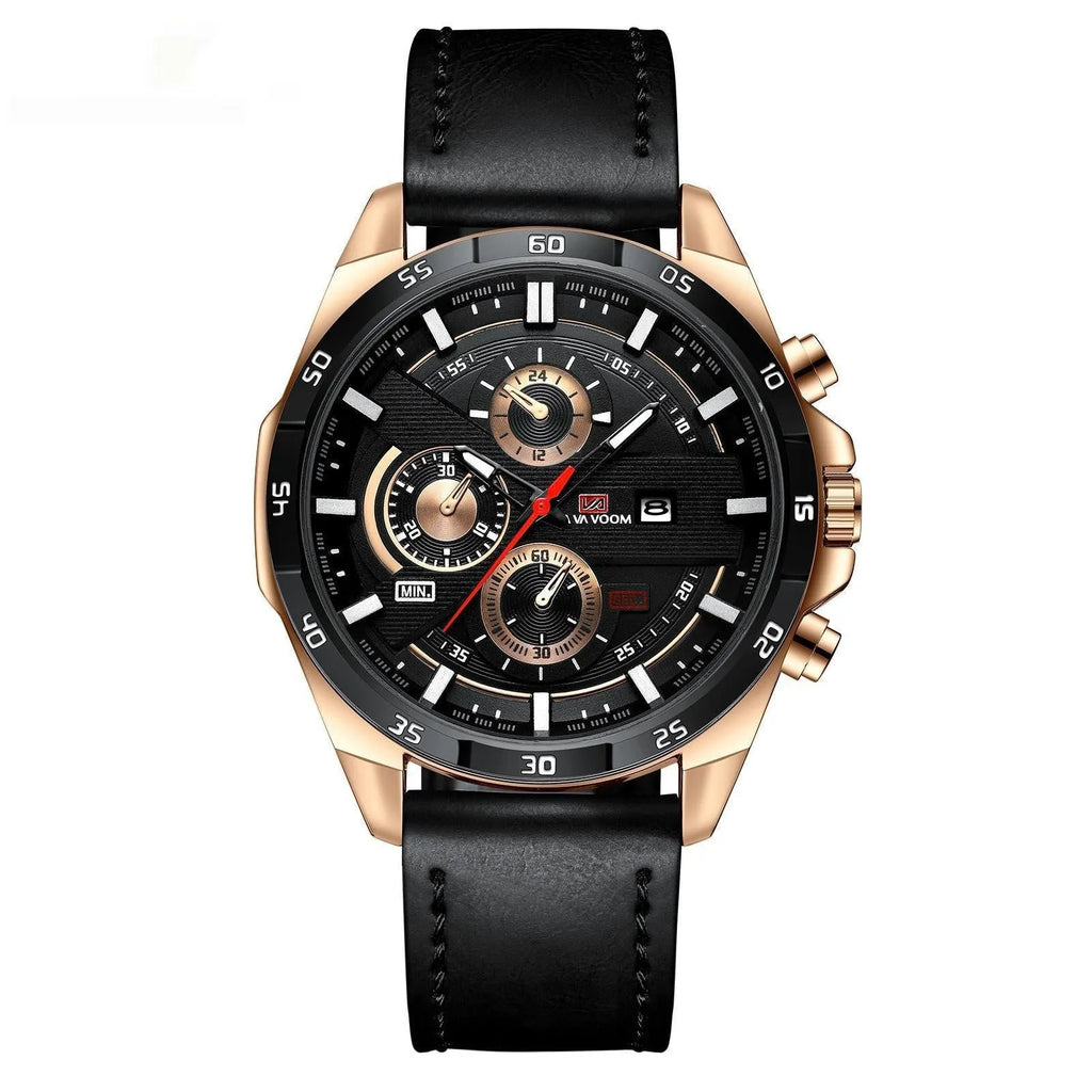 Men's waterproof calendar quartz watch with leather strap and metal case options