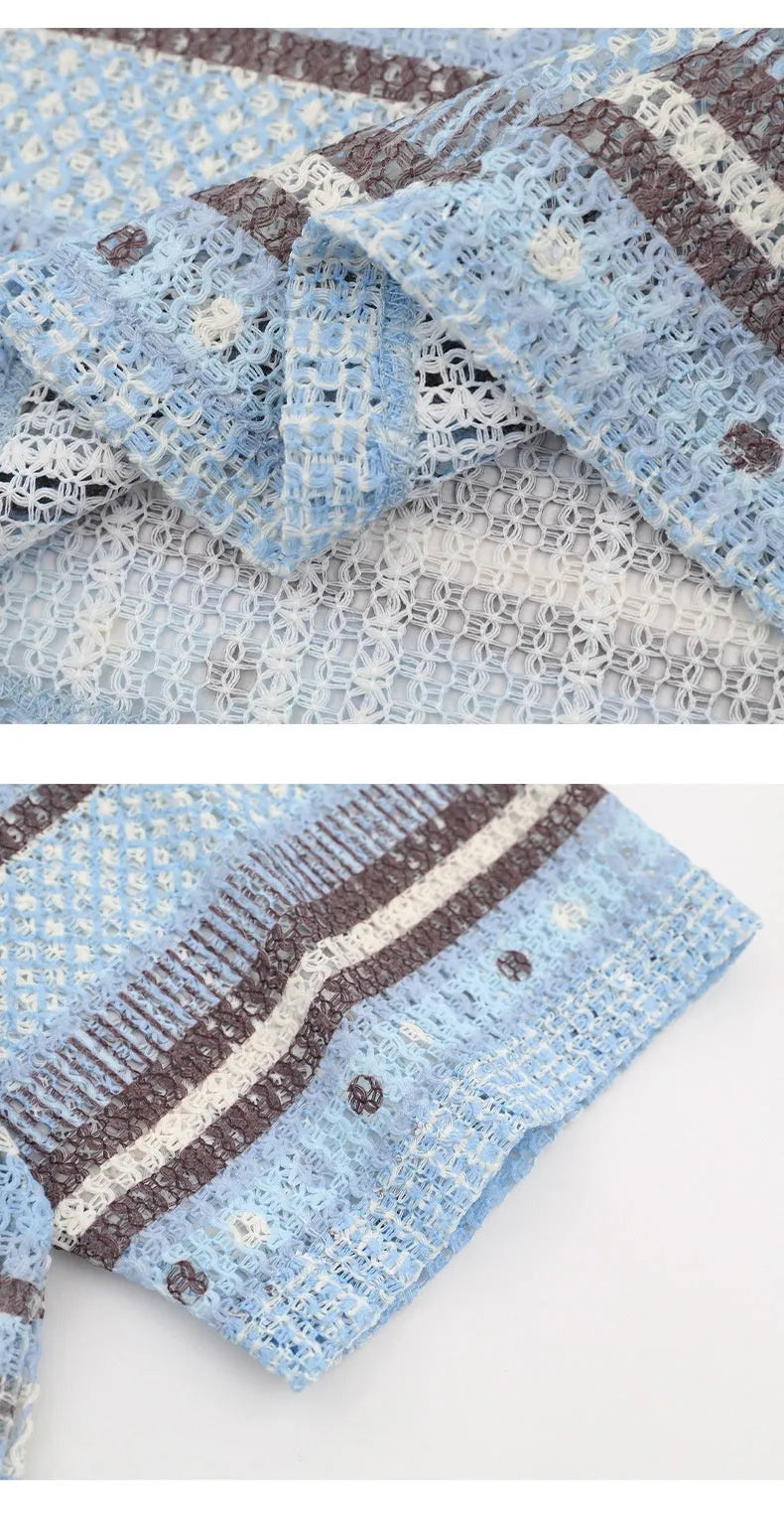 Men's blue printed short sleeve shirt with elastic band fabric on hanger
