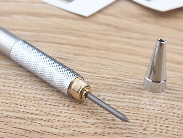 Metal mechanical pencil available in 0.5mm, 0.7mm, and 2.0mm sizes for technical drawing