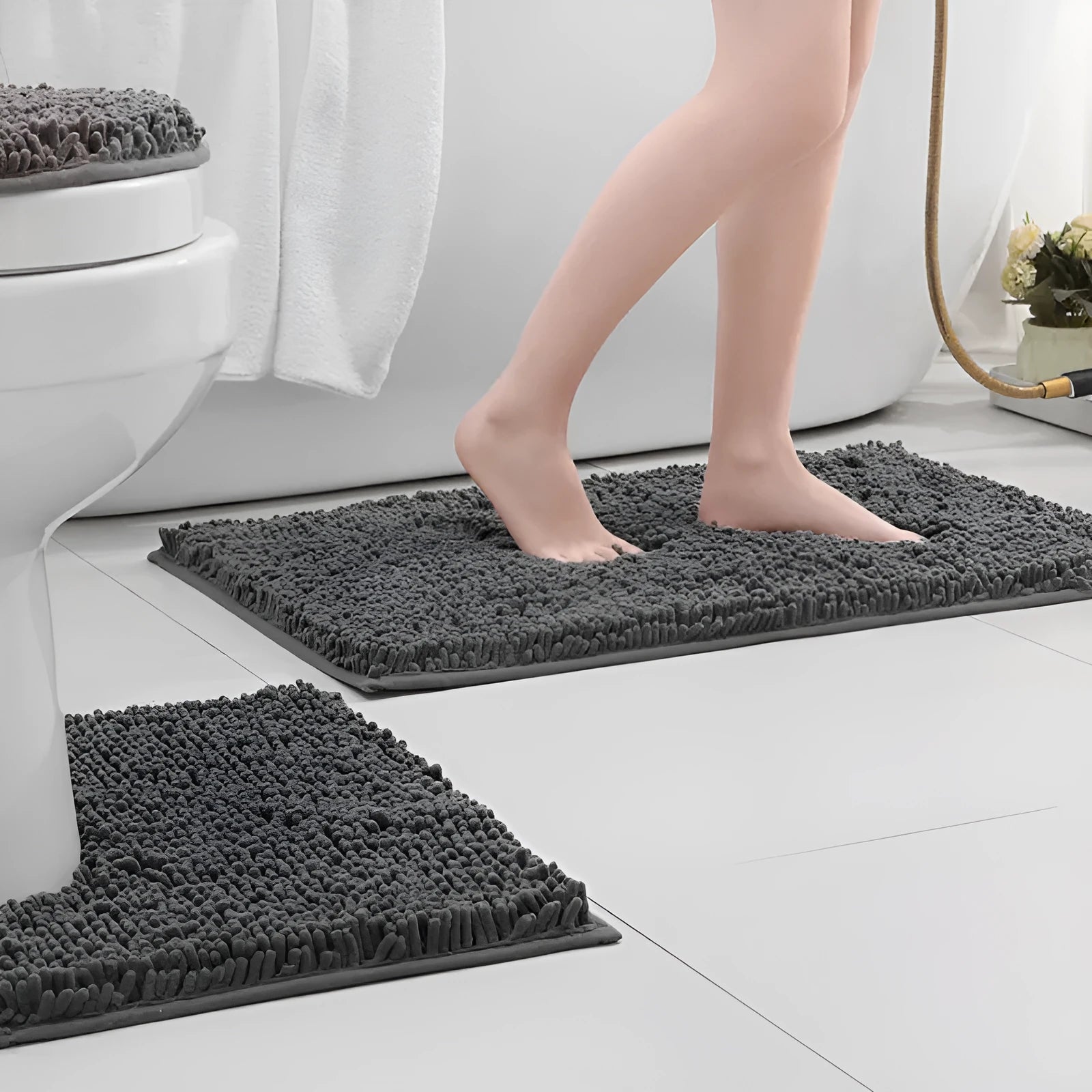 Chenille long hair bathroom three-piece carpet set with U-shaped mat and rectangular mats in modern colours.