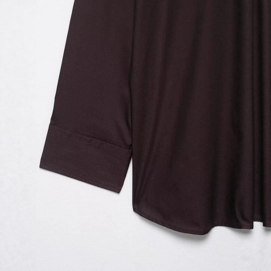Brown women's poplin shirt with bow tie detail and long sleeves in loose fit