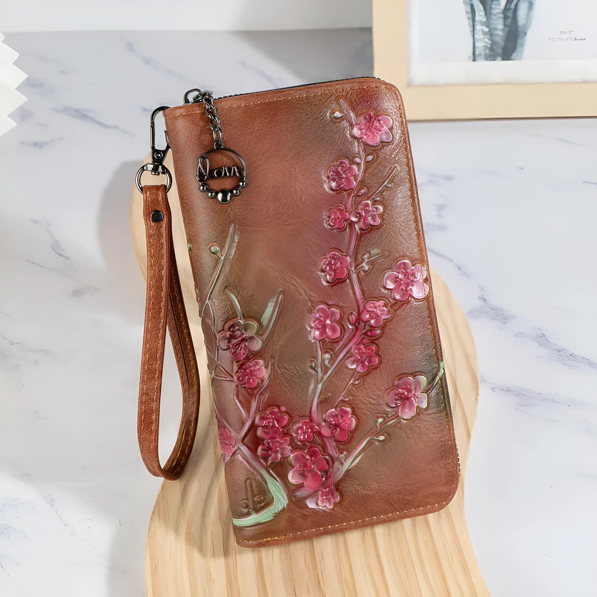 Embossed hand-painted Chinese style zipper handbag with floral pattern in brown PU material